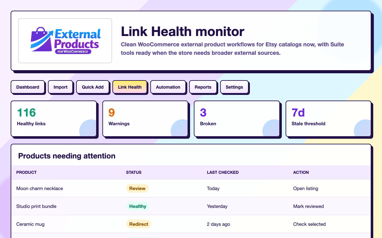 Link health screen with Etsy product checks and review states.
