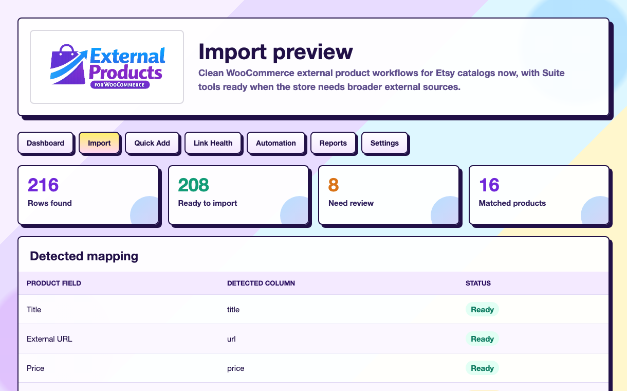 CSV import preview with detected mapping and sample rows.